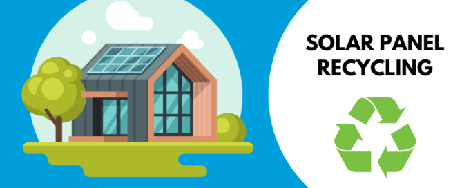 Solar panel recycling. Photo of a house and recycling symbol.