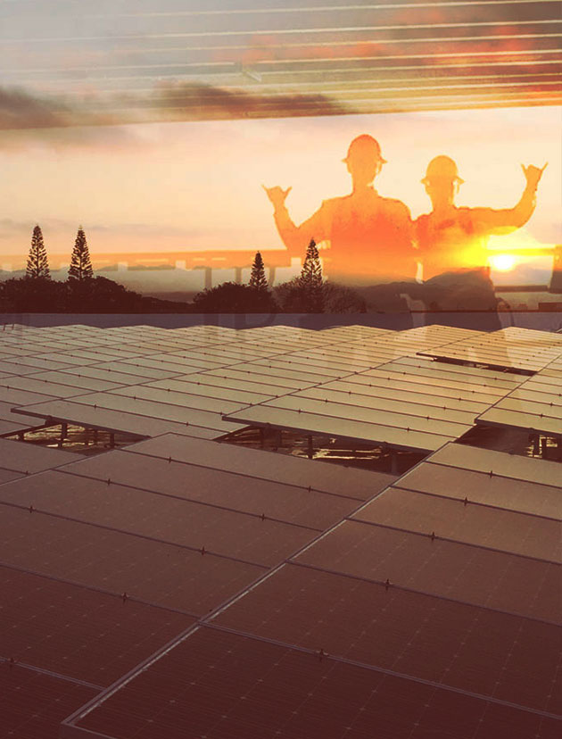 Silhouettes of two installers standing a roof with Go Local Powur Solar.