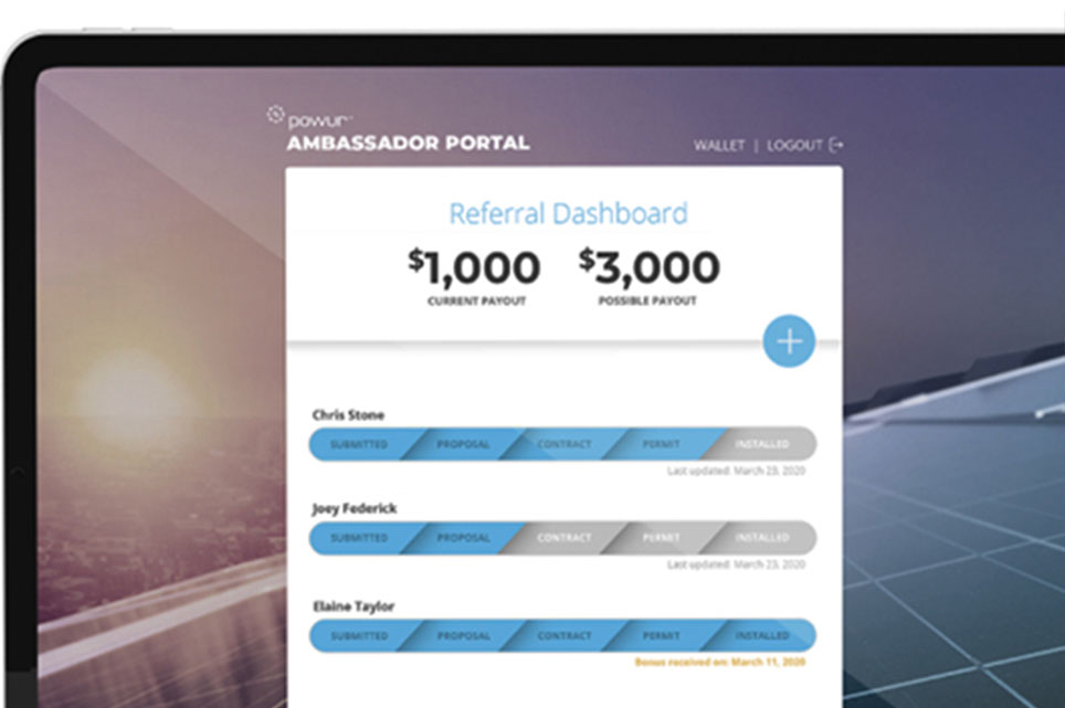 Become A Solar Ambassador Powur Referral Dashboard Shows Possible Payout Amount for each referral