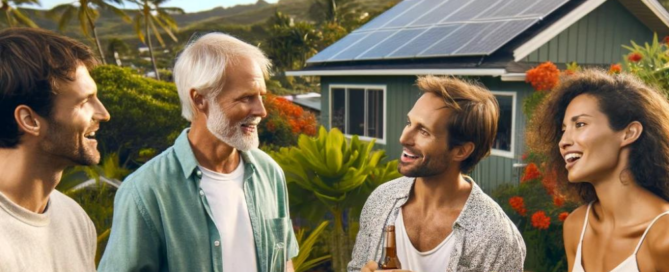friends at a bbq talking about the benefits of solar.