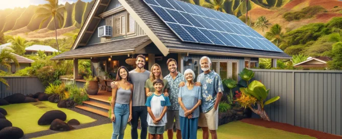Smiling Hawaiian family standing in the front yard with solar panels on the home.