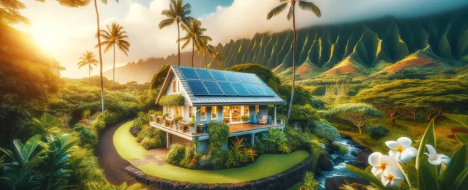 A picturesque Hawaiian home with solar panels on the roof, surrounded by lush greenery, palm trees, and a mountainous backdrop under a clear sky.