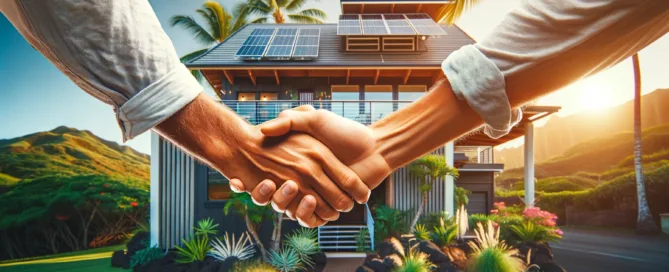 An up-close image of a handshake between two people, with a Hawaiian home featuring solar panels in the background. The focus is on the hands clasping in a firm handshake, indicating a sense of agreement or partnership.