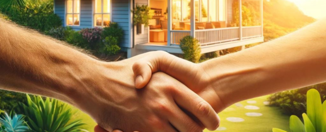 Close-up of two people shaking hands with a solar-powered home in Hawaii in the background, featuring solar panels on the roof, tropical plants, palm trees, and a bright, sunny sky.