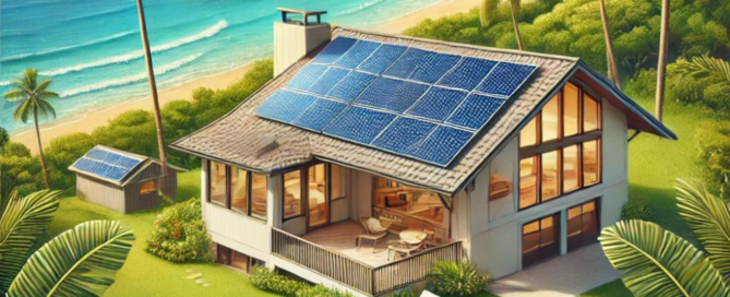 Tropical beachfront home with solar panels on the roof, highlighting eco-friendly solar energy solutions.