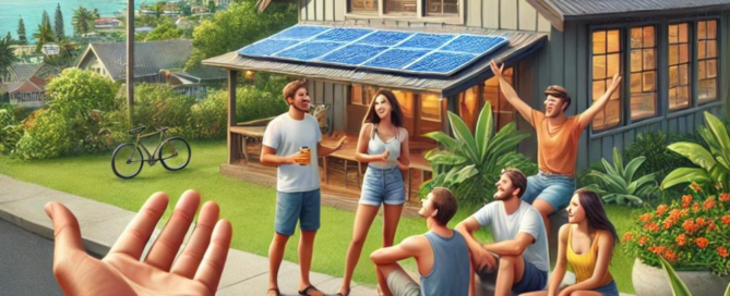 Group of people enjoying outdoors in front of a house with solar panels, illustrating sustainable living and solar energy solutions.